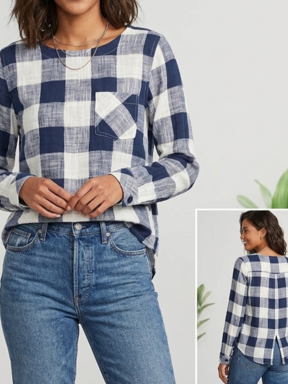 CLOTH STONE By Anthropologie  Size XS Navy and White Plaid Women's Blouse